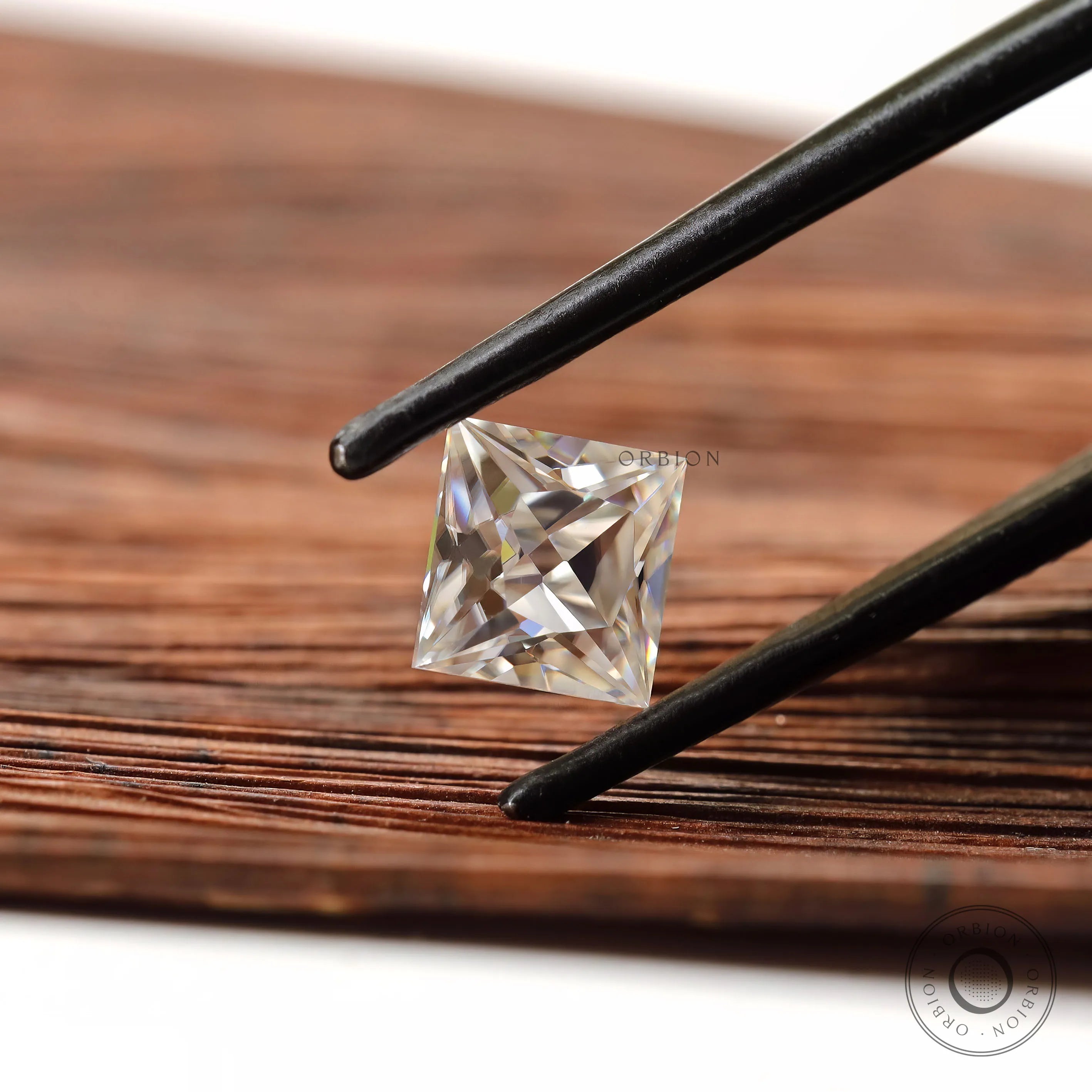 Angled view princess French cut moissanite brilliance detail