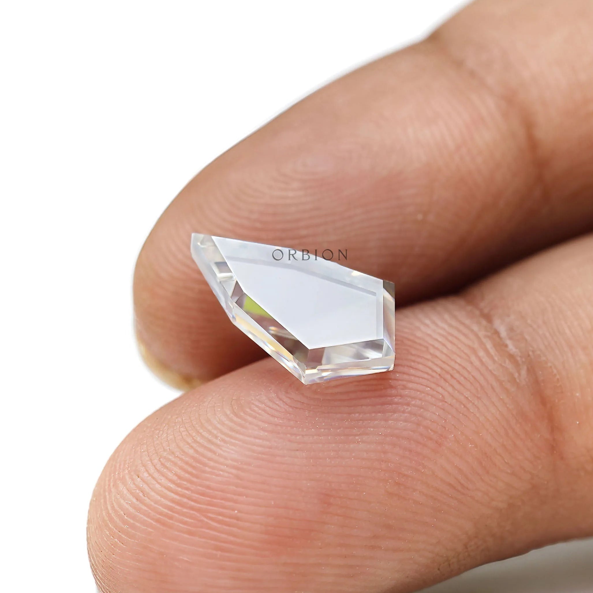 Angled view of portrait cut moissanite highlighting clarity