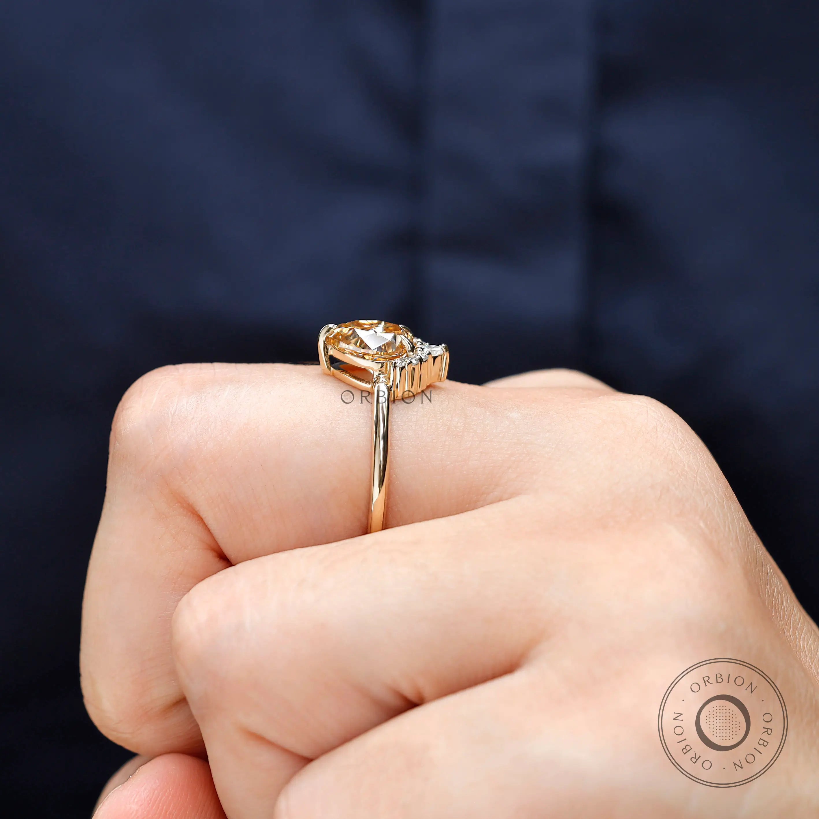 14K Yellow Gold Pear Champagne Moissanite Half Halo Ring On Hand