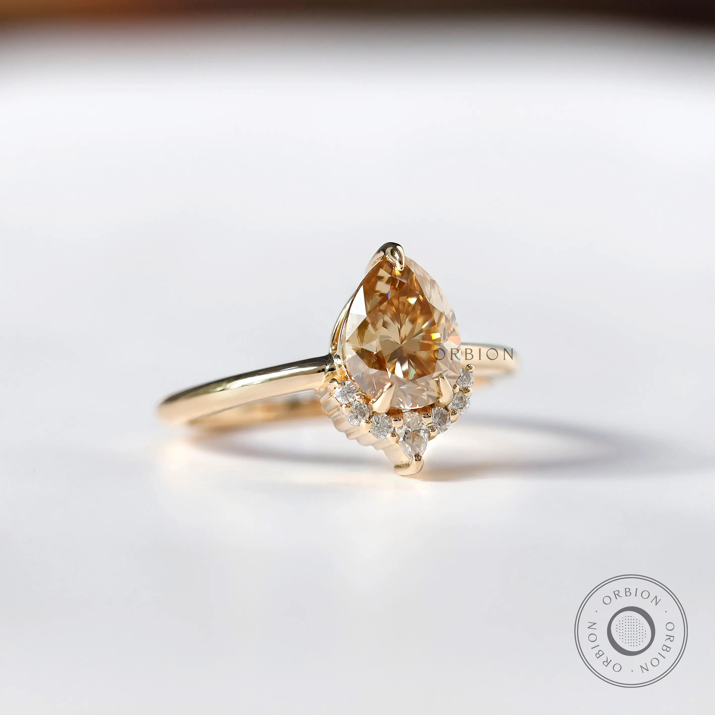 14K Yellow Gold Pear Champagne Moissanite Half Halo Ring Side View