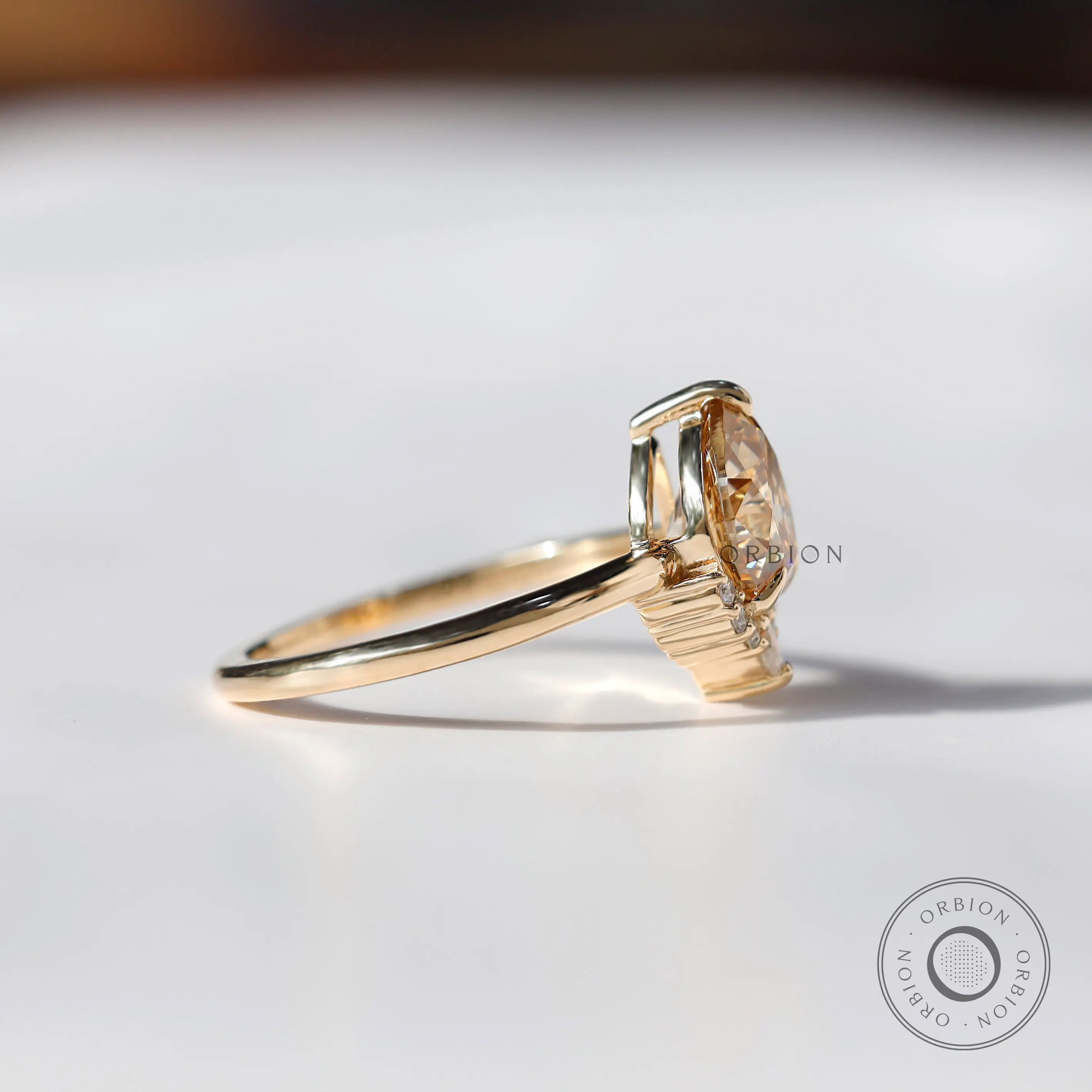 14K Yellow Gold Pear Champagne Moissanite Half Halo Ring Angle View