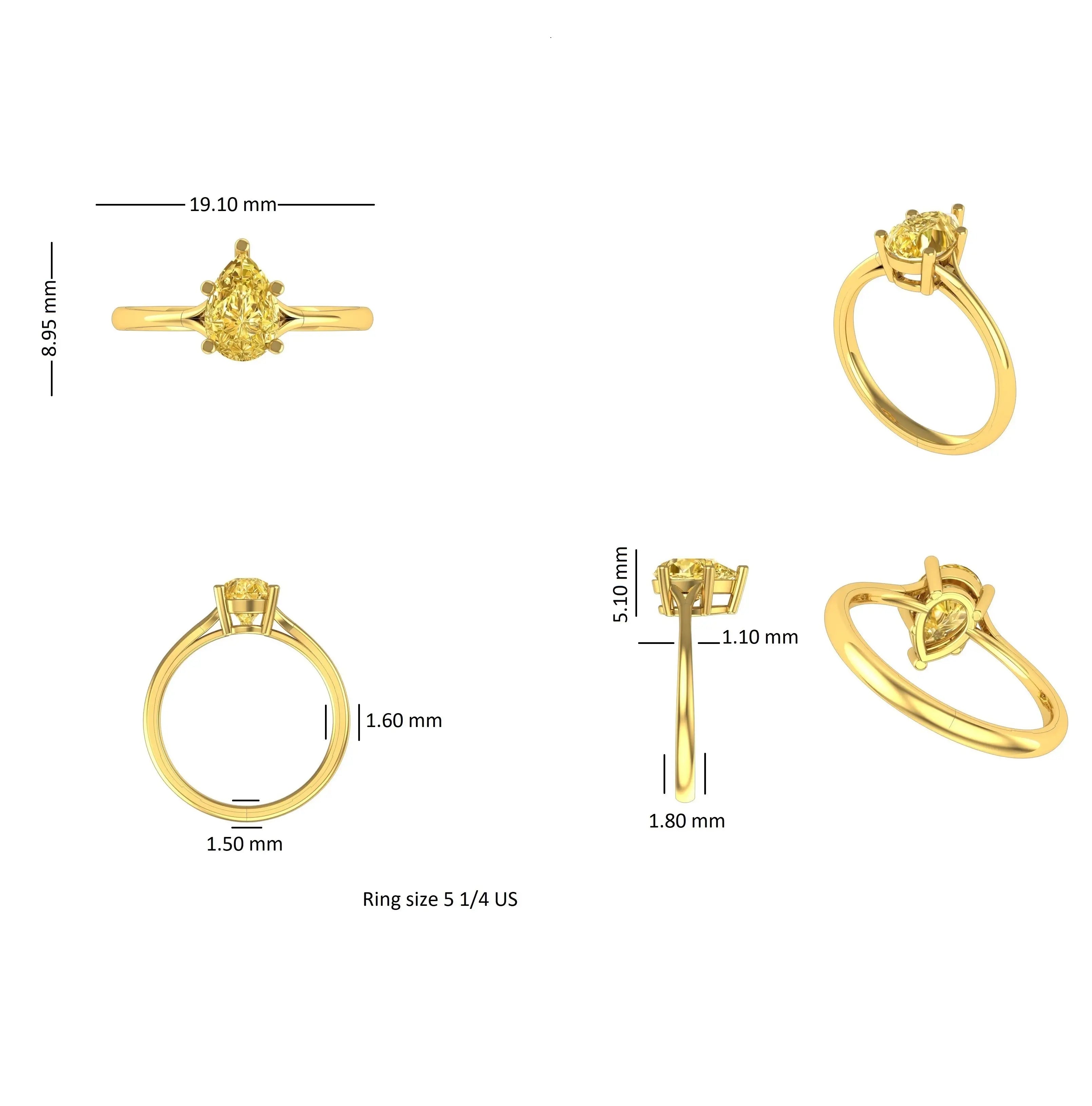 Product dimension chart image for pear moissanite ring CUS10006