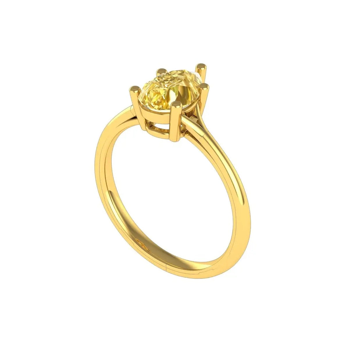 Side view of pear champagne moissanite split shank solitaire ring in yellow gold