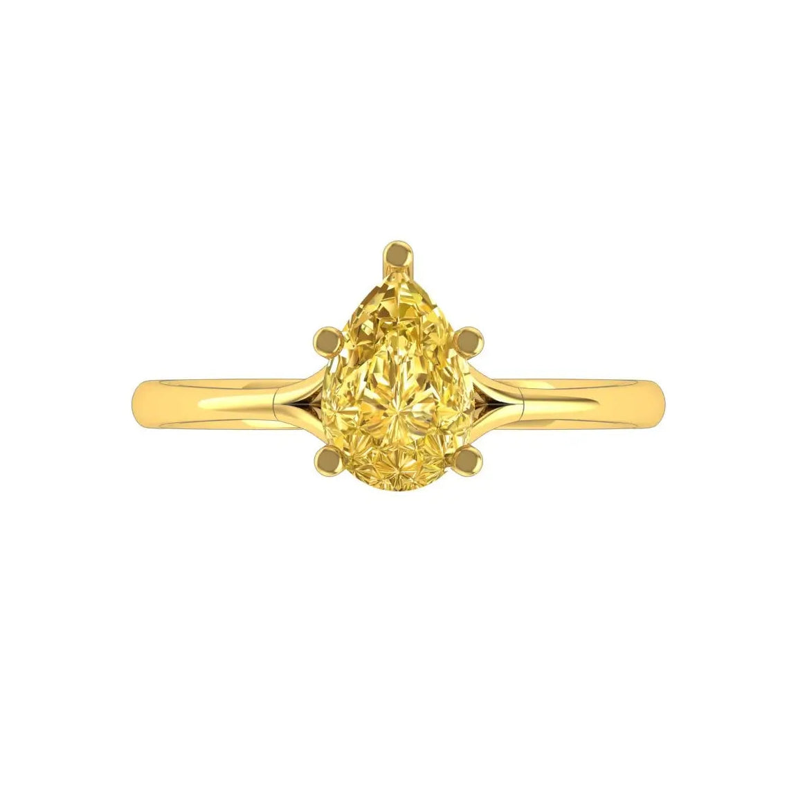 Pear cut light champagne moissanite solitaire ring in 14K yellow gold front view