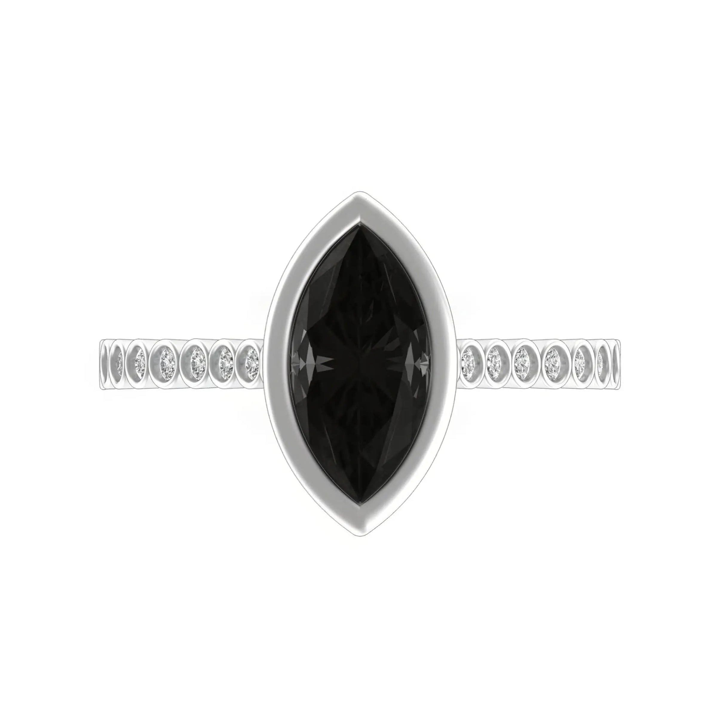 Top view of bezel-set black marquise moissanite ring.