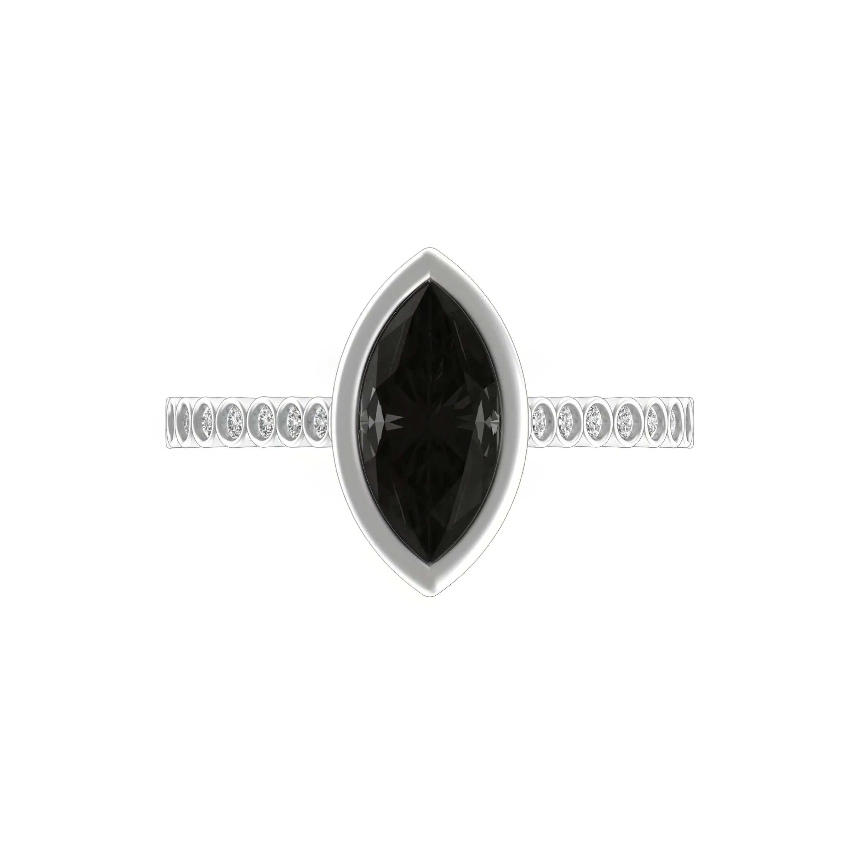 Top view of bezel-set black marquise moissanite ring.