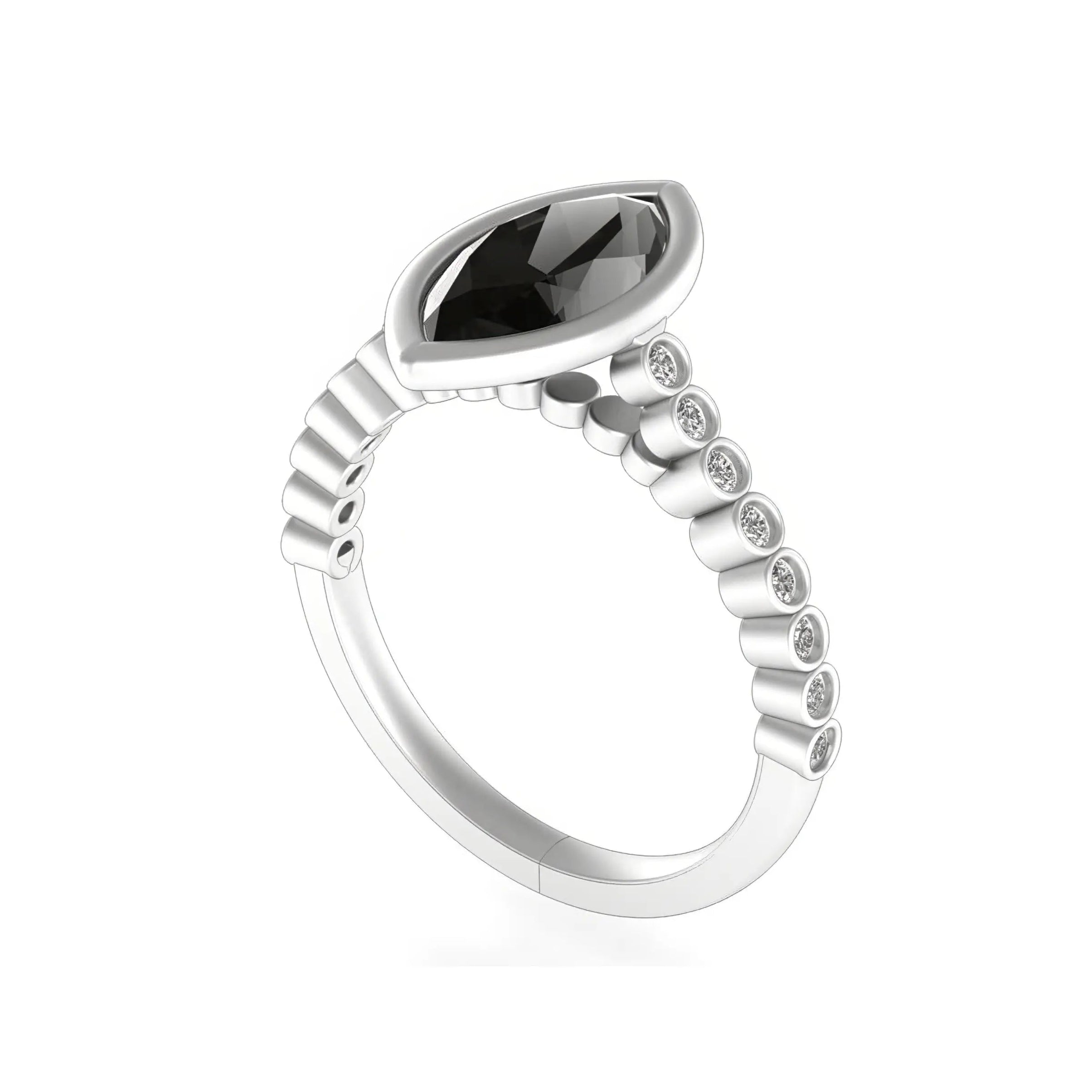 Angled view showing cathedral shoulders and bezel-set diamond accents.