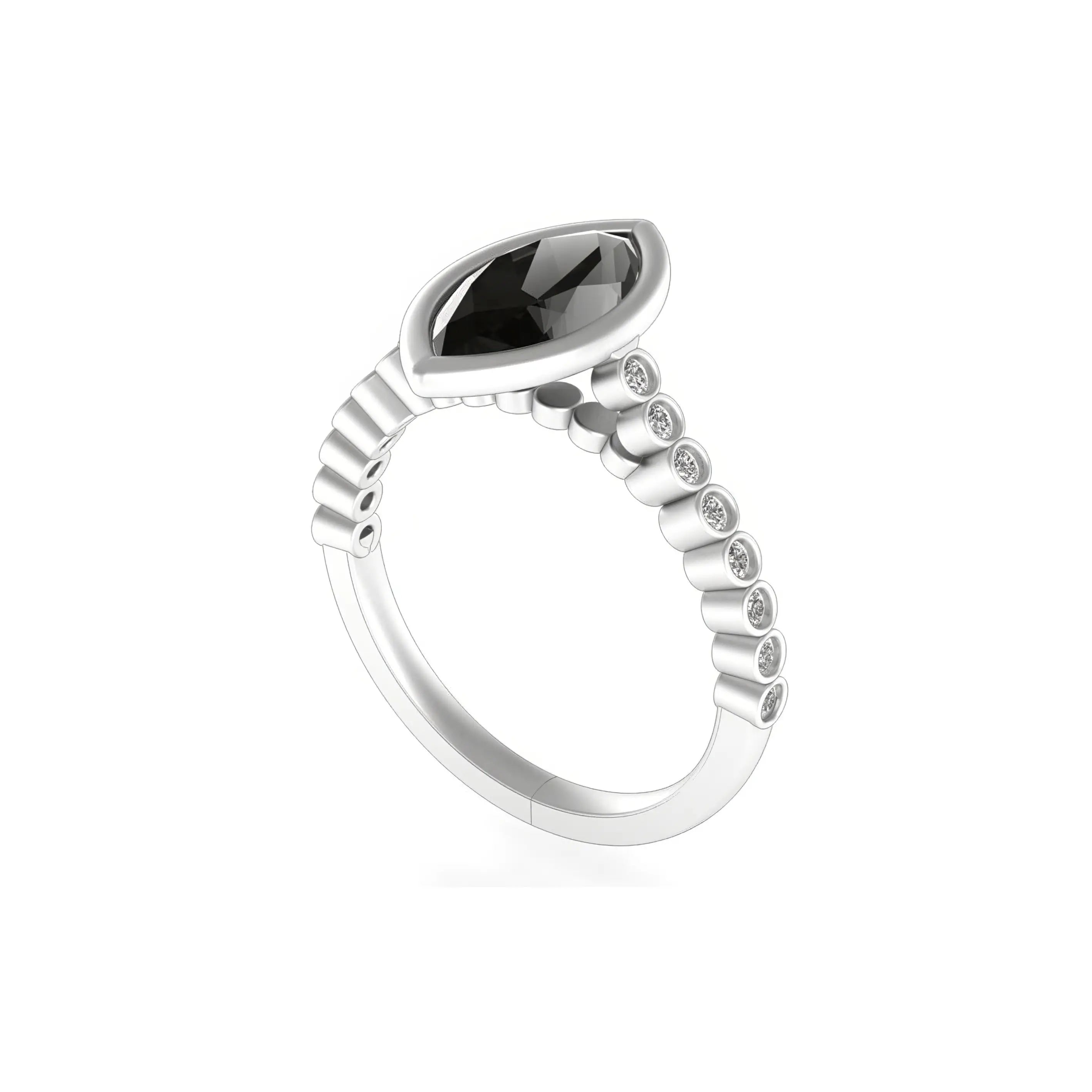 Angled view showing cathedral shoulders and bezel-set diamond accents.