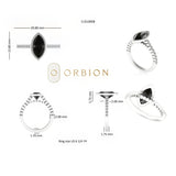 Dimension chart for black marquise moissanite ring in white gold.