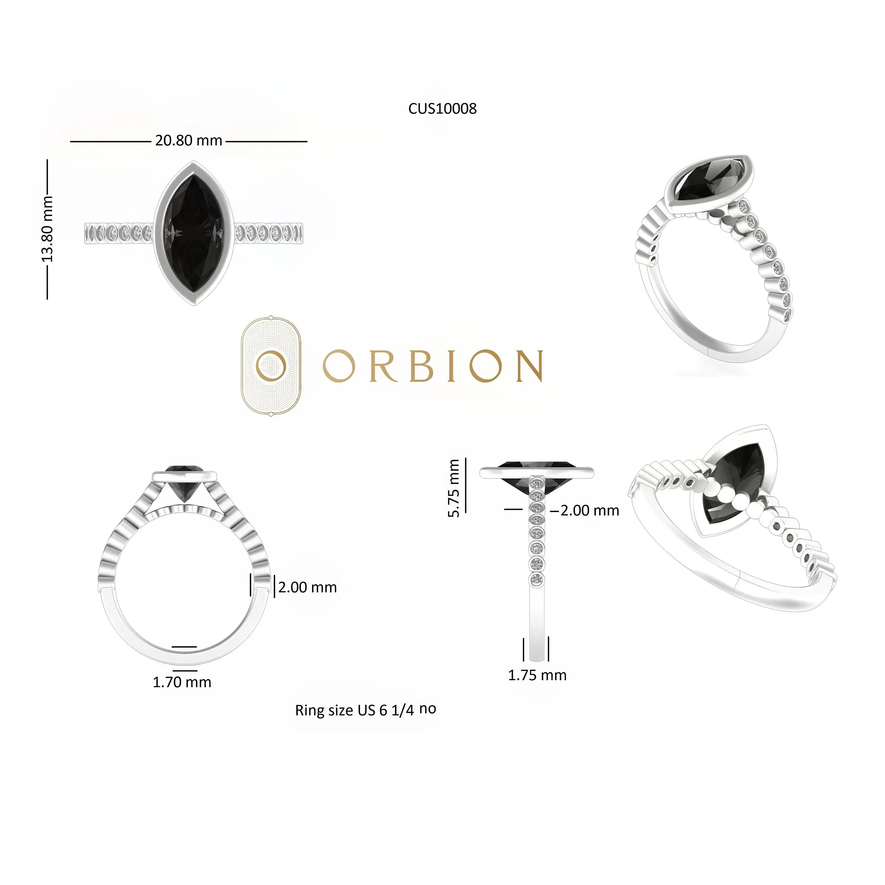 Dimension chart for black marquise moissanite ring in white gold.
