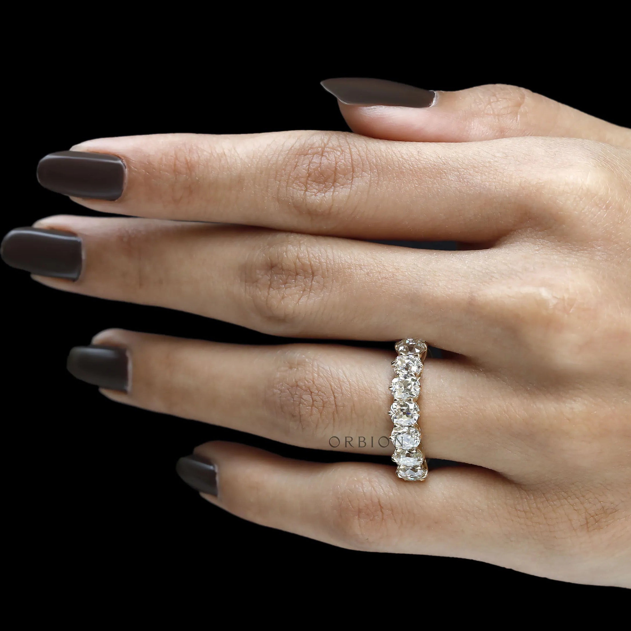 Stunning seven stone cushion moissanite wedding band, old mine cut, yellow gold half eternity design