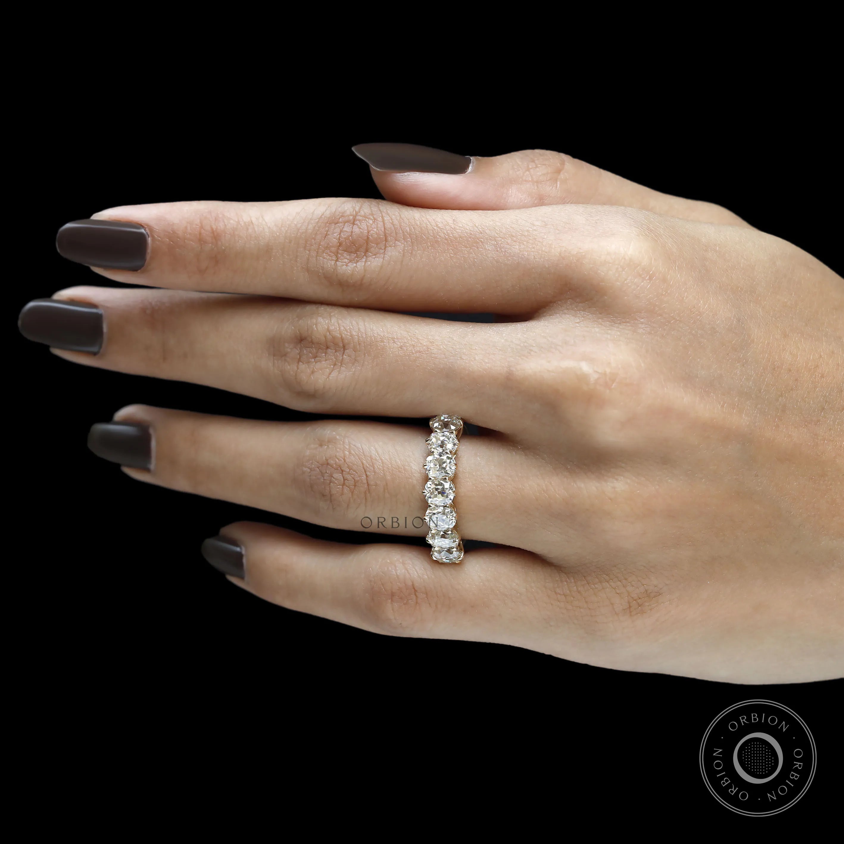 Stunning seven stone cushion moissanite wedding band, old mine cut, yellow gold half eternity design