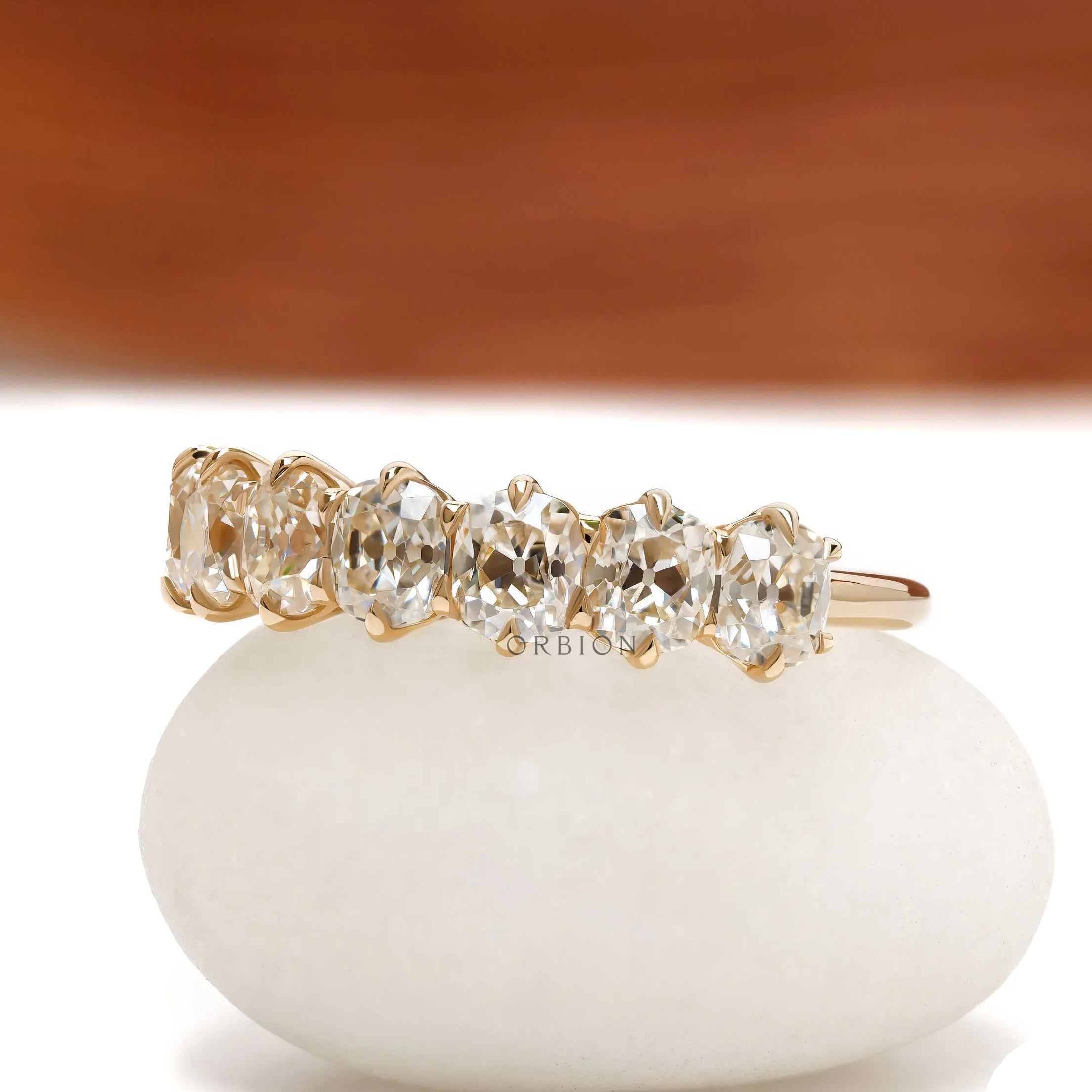 7 stone cushion moissanite wedding band, old mine cut, yellow gold half eternity ring
