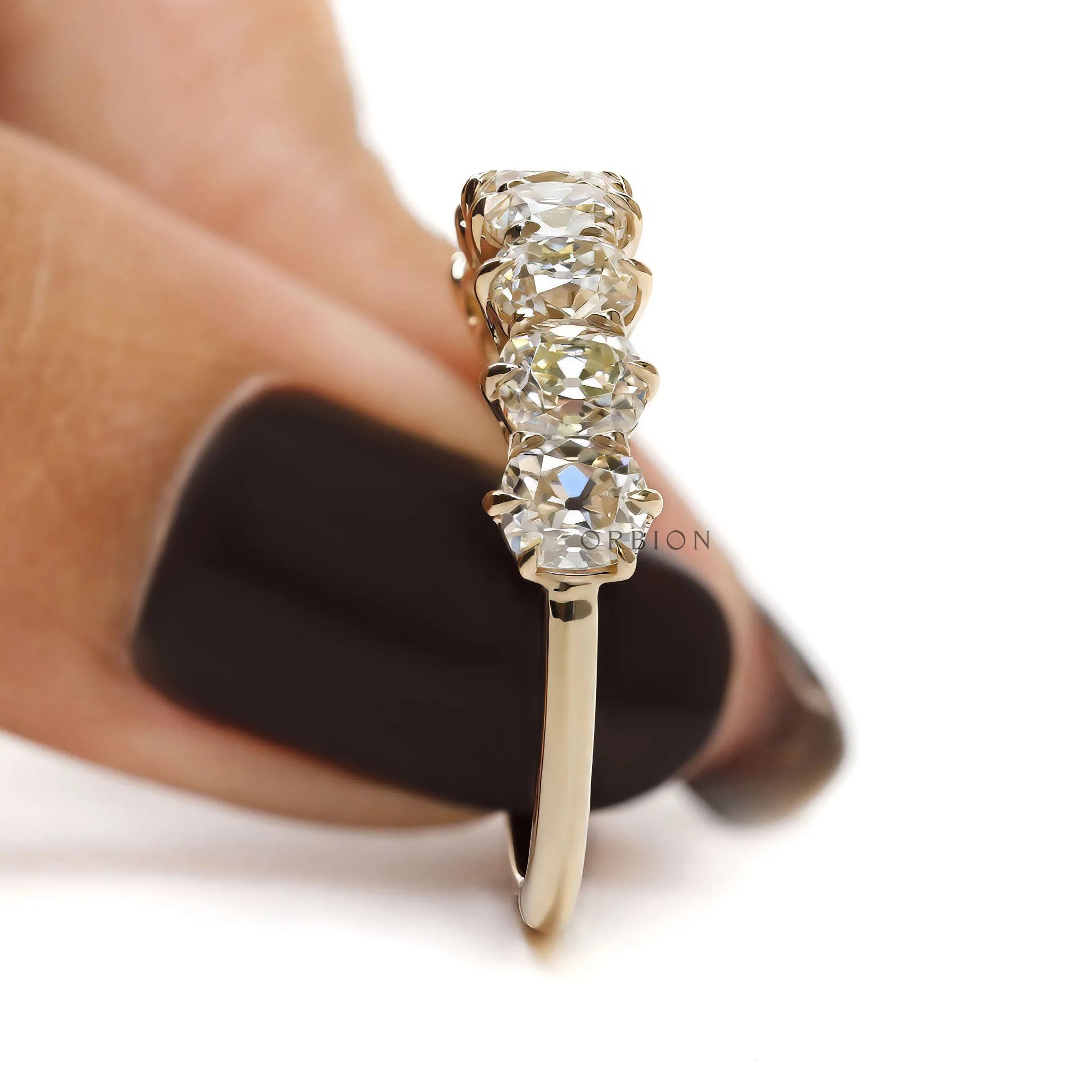 7 stone old mine cut moissanite wedding band, yellow gold half eternity ring with cushion cut stones