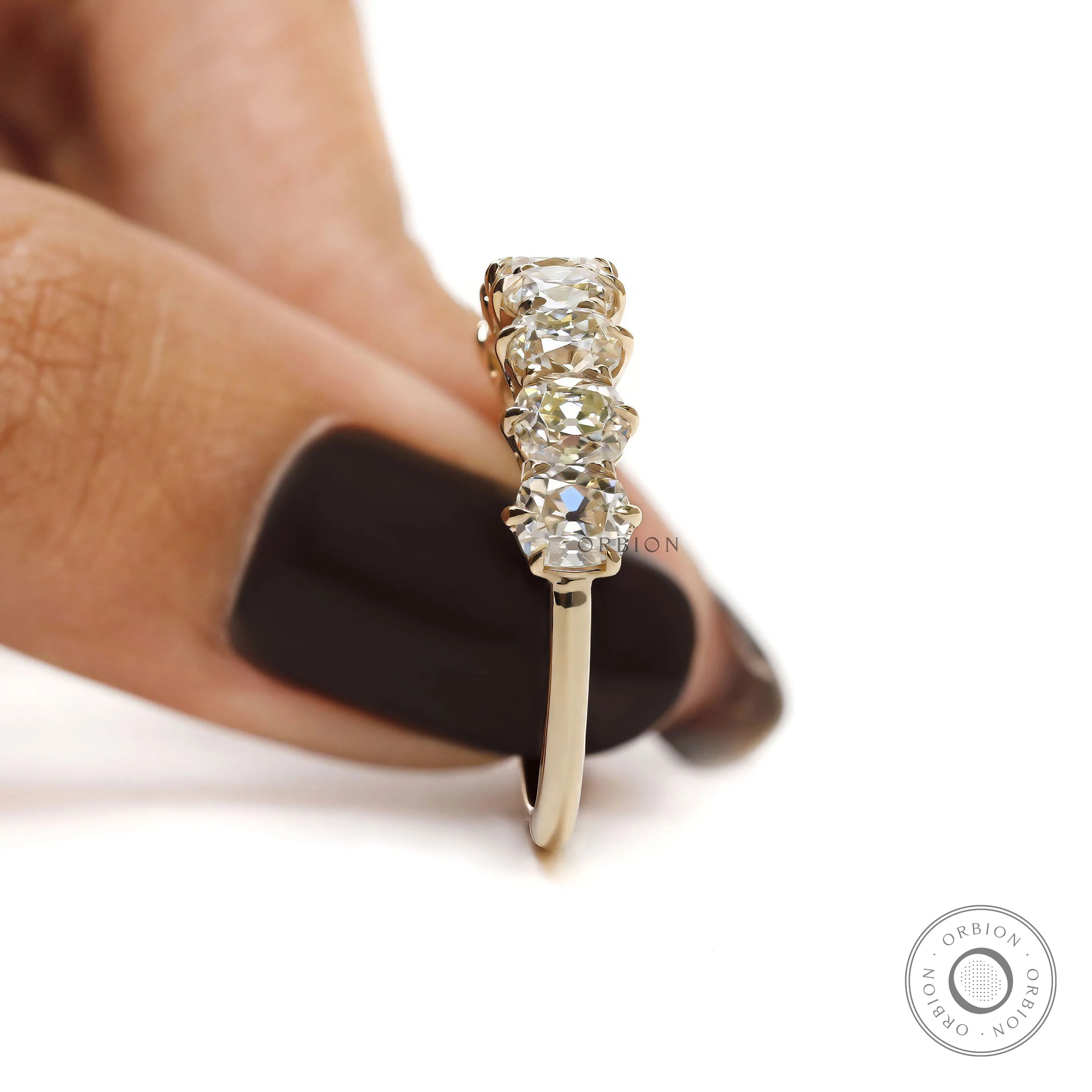 7 stone old mine cut moissanite wedding band, yellow gold half eternity ring with cushion cut stones