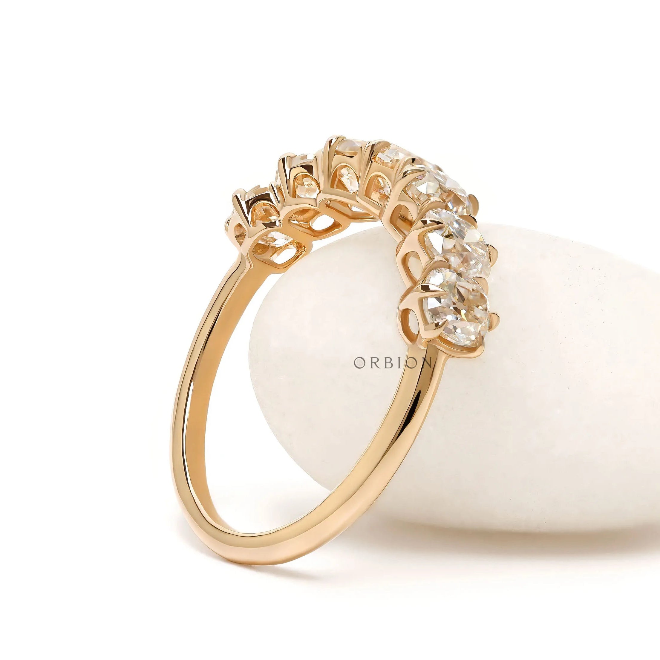 Timeless seven stone moissanite wedding band with cushion cut, old mine cut, yellow gold half eternity