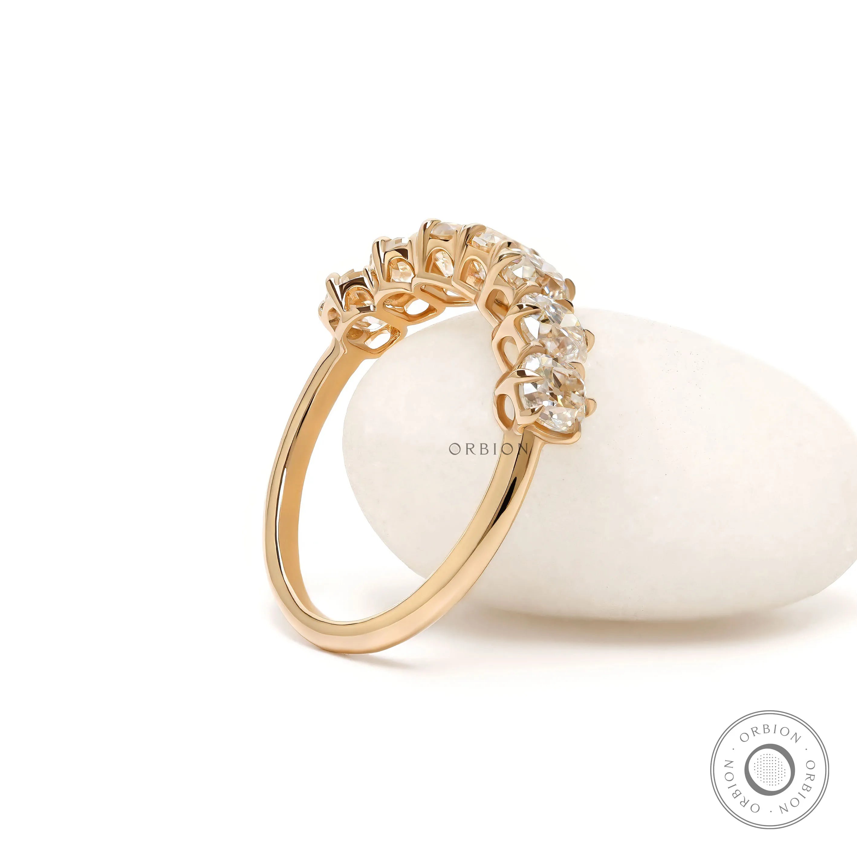 Timeless seven stone moissanite wedding band with cushion cut, old mine cut, yellow gold half eternity