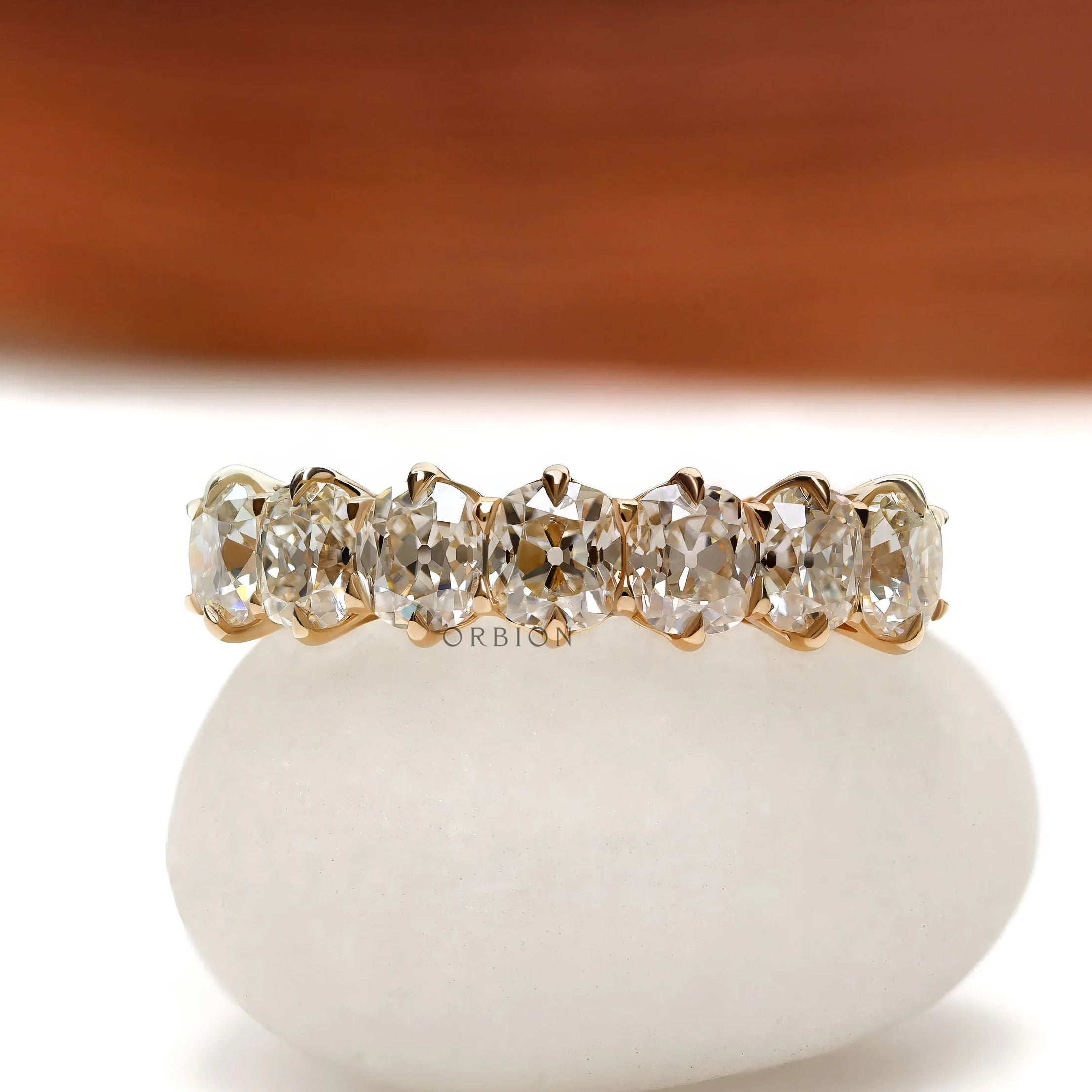Seven stone cushion moissanite wedding band, old mine cut, yellow gold half eternity ring