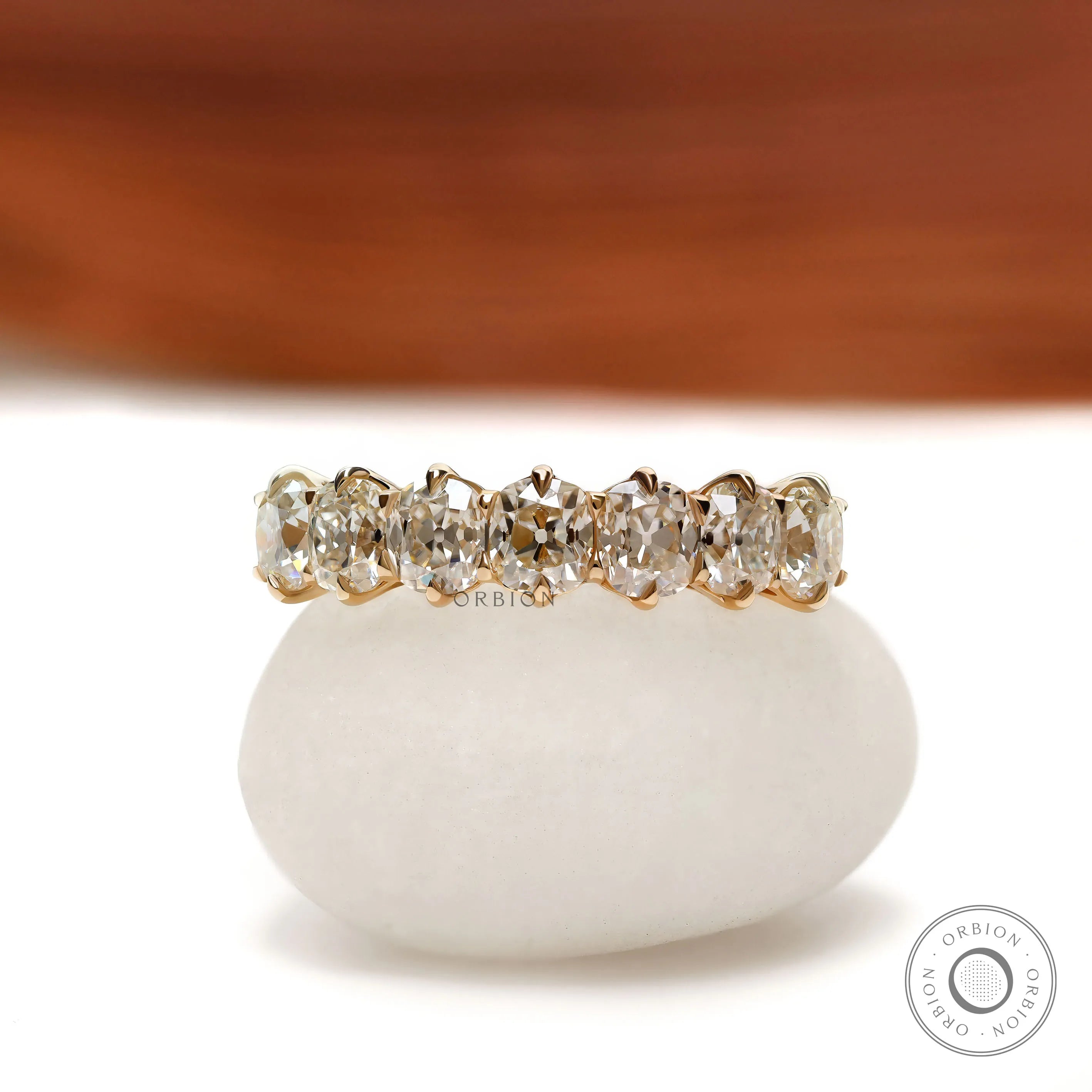 Seven stone cushion moissanite wedding band, old mine cut, yellow gold half eternity ring