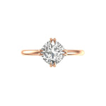 Top view cushion cut solitaire ring on white background