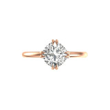 Top view cushion cut solitaire ring on white background