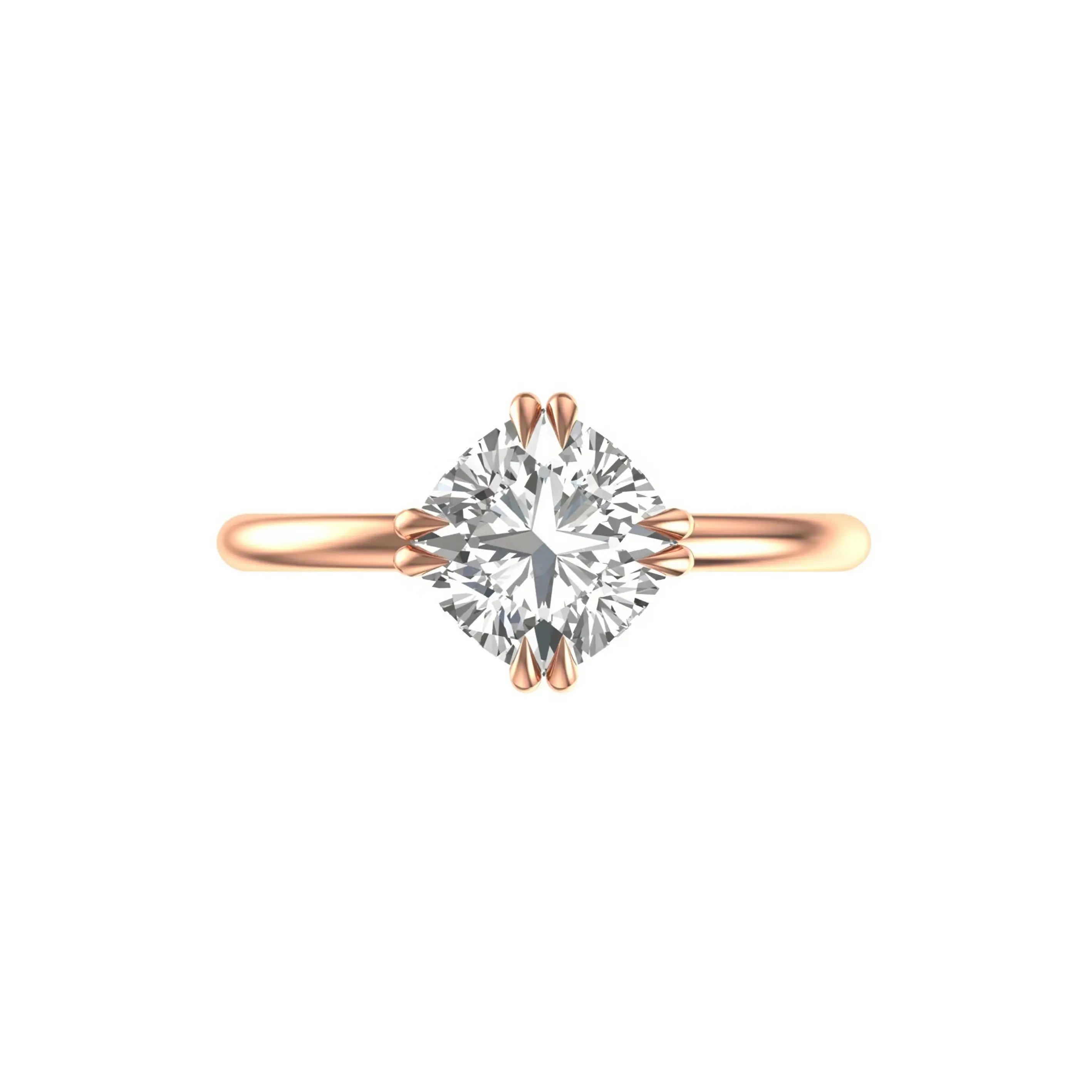 Top view cushion cut solitaire ring on white background