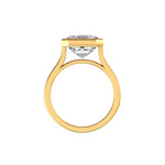 Side profile cathedral shoulders supporting bezel set Asscher solitaire.