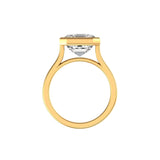 Side profile cathedral shoulders supporting bezel set Asscher solitaire.