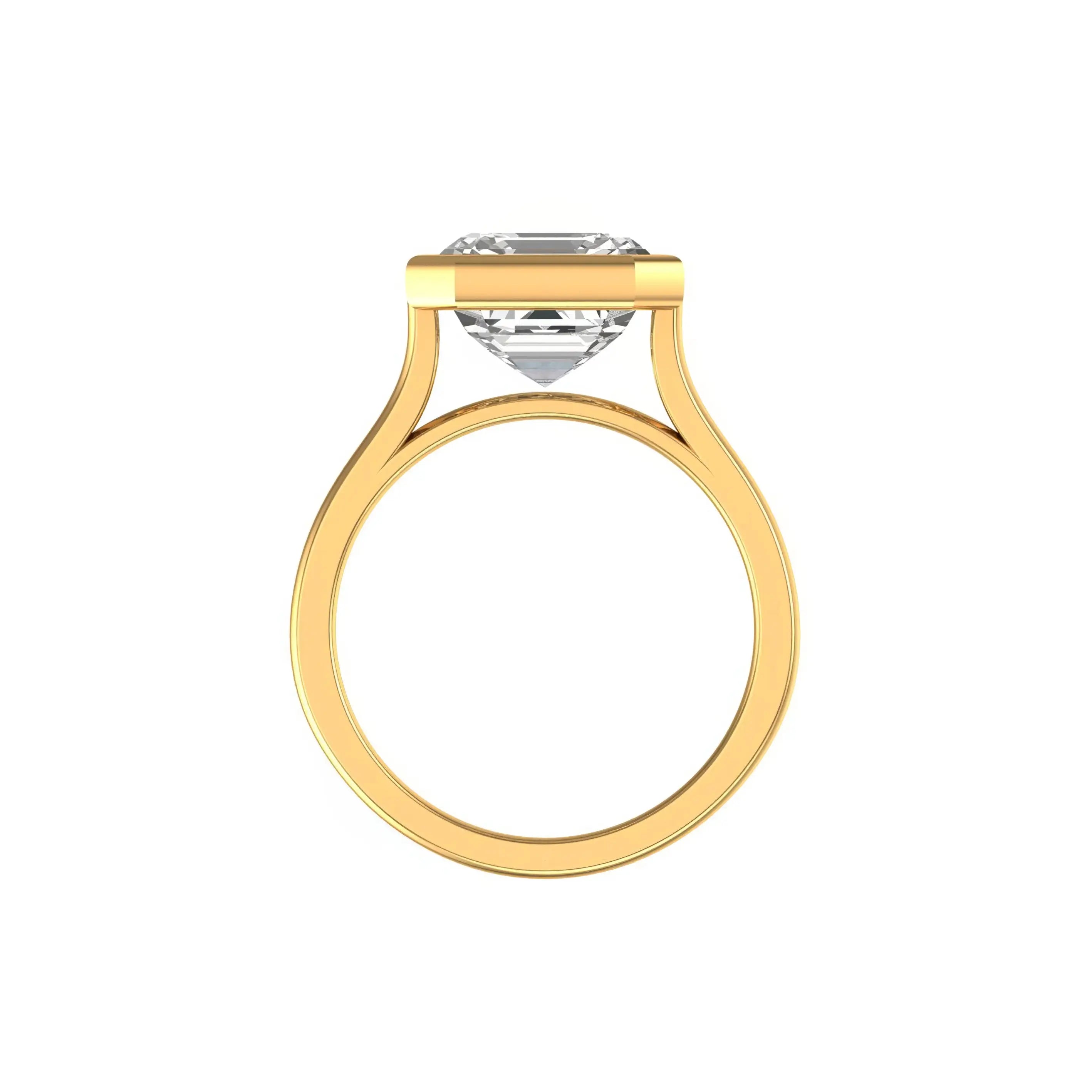 Side profile cathedral shoulders supporting bezel set Asscher solitaire.