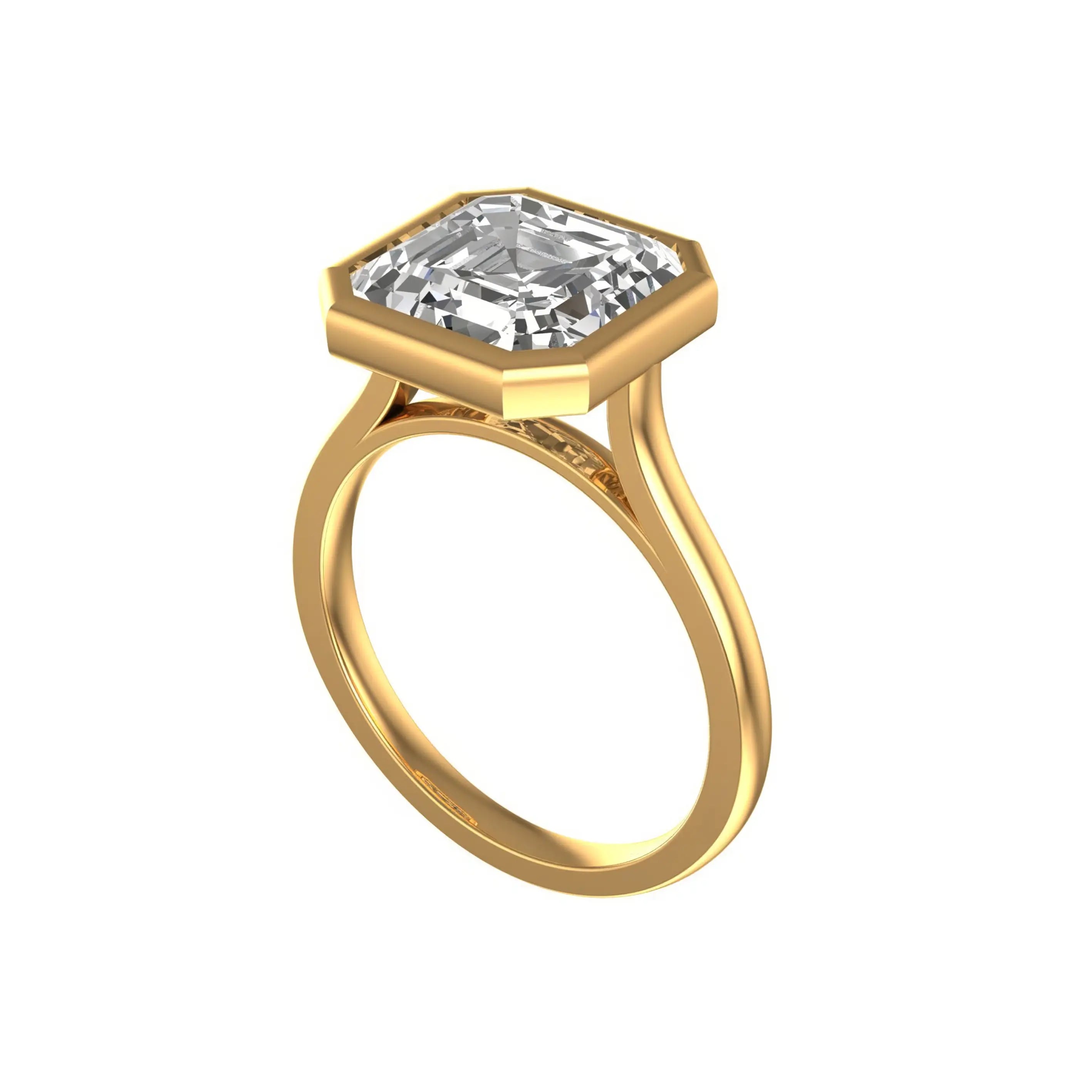 Angled view highlighting asscher bezel edges and cathedral rise.