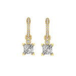 Front view pave huggie hoops with bezel accent and princess-cut drop.