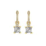 Front view pave huggie hoops with bezel accent and princess-cut drop.