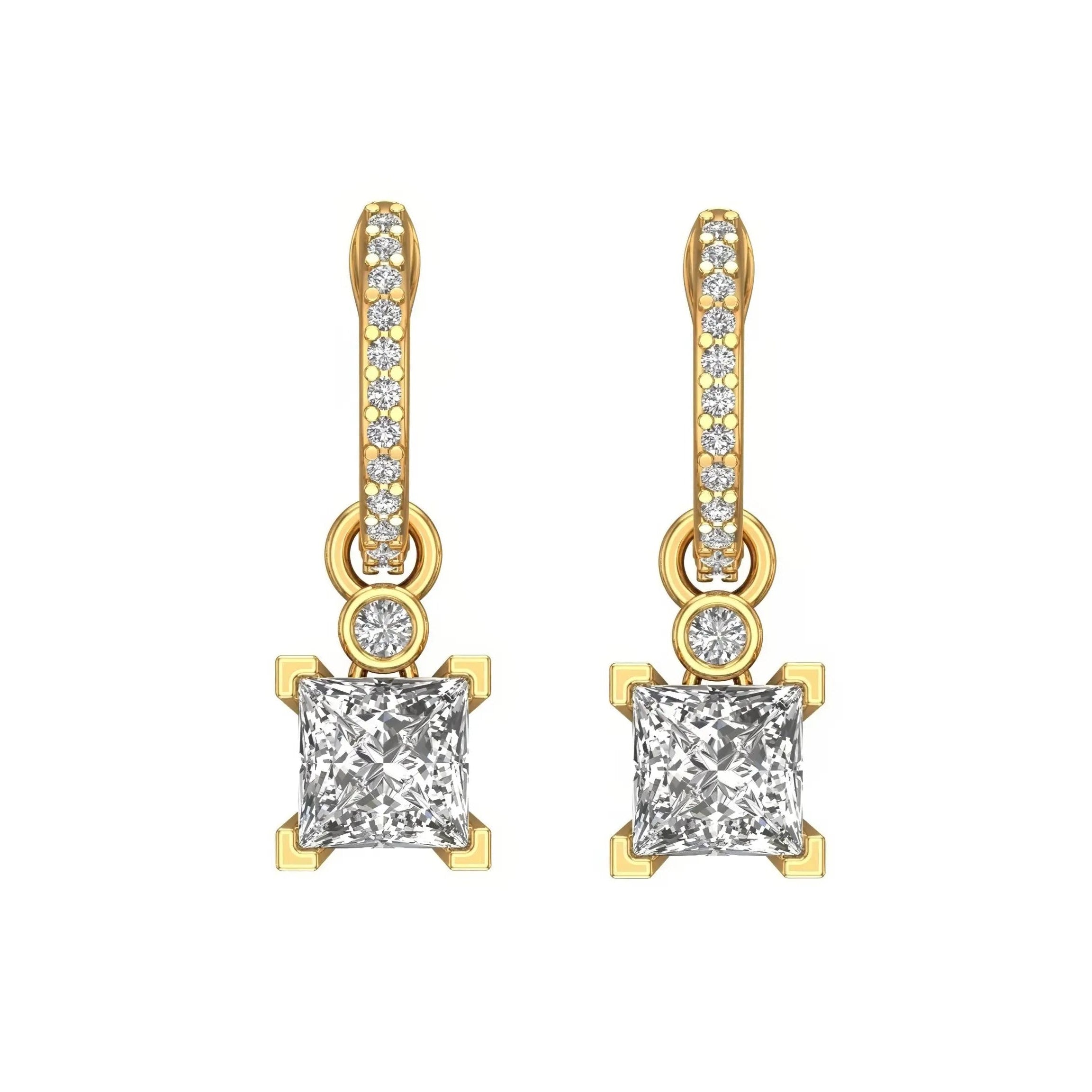 Front view pave huggie hoops with bezel accent and princess-cut drop.