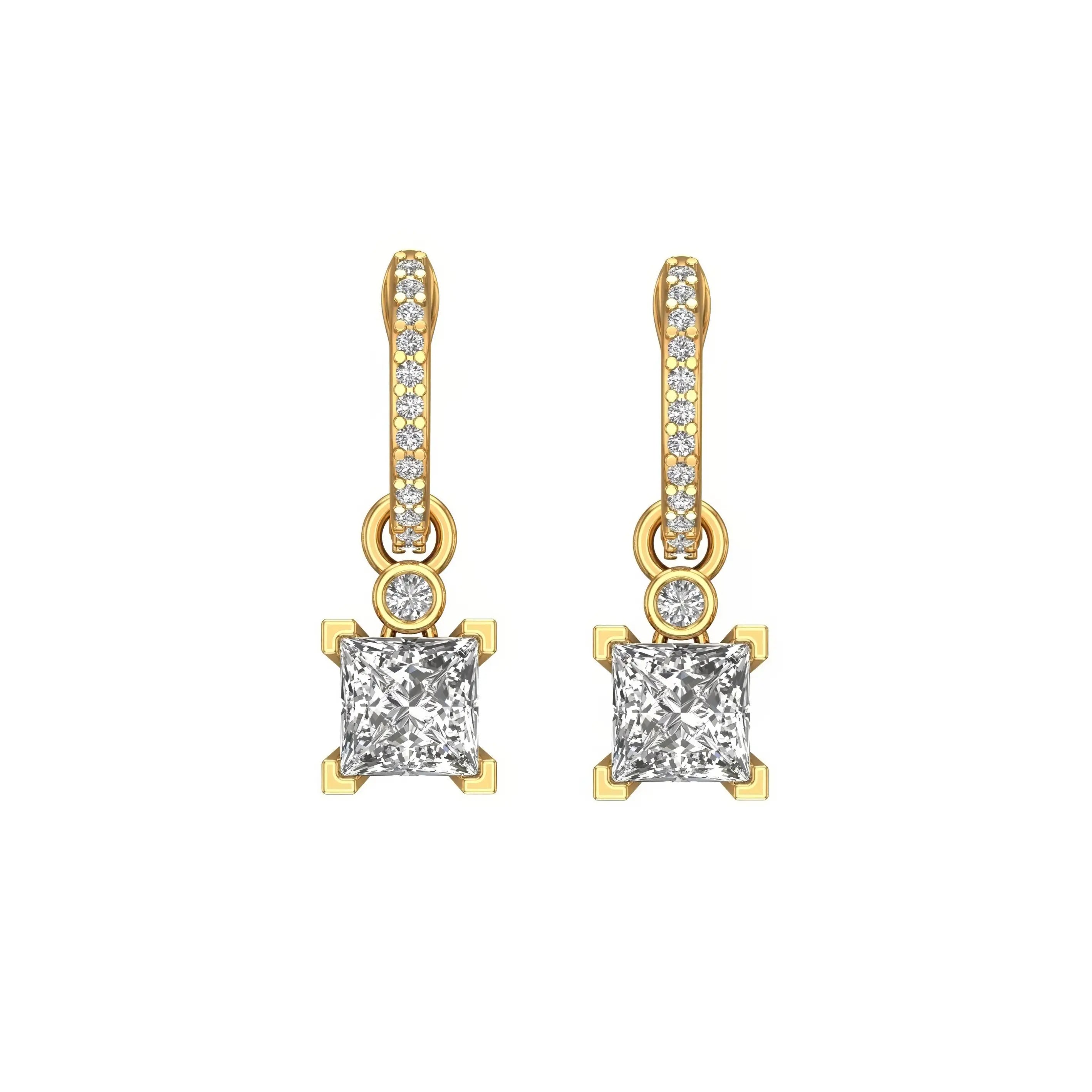 Front view pave huggie hoops with bezel accent and princess-cut drop.