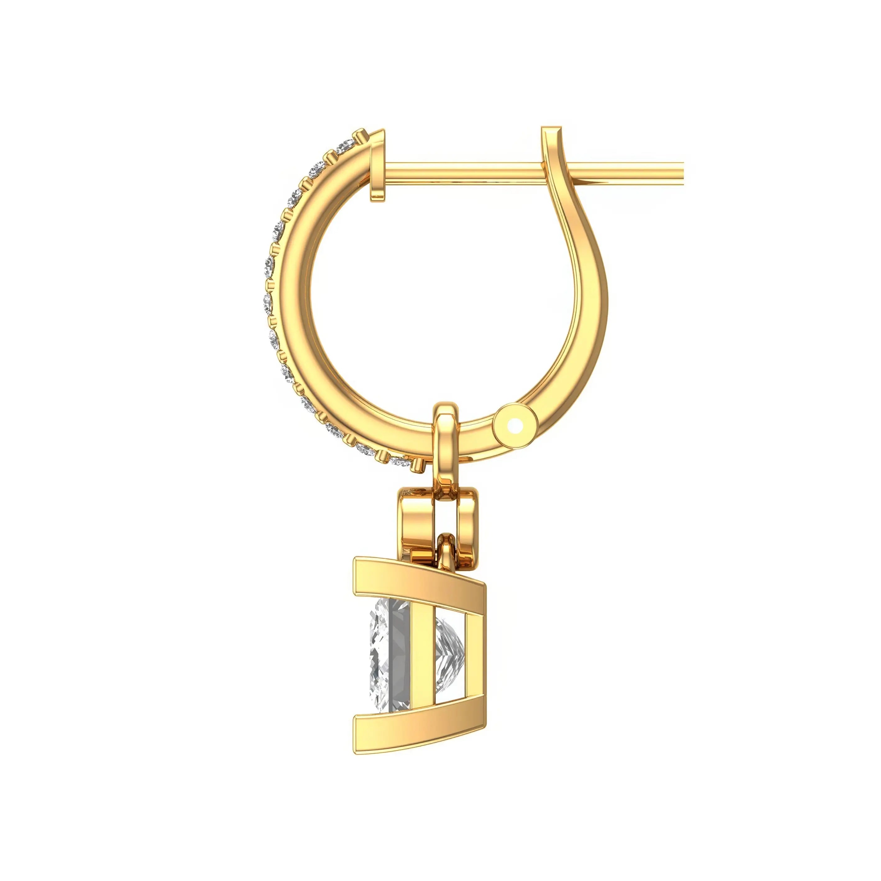 Side profile English lock hoop showing pave row and princess-cut dangle.