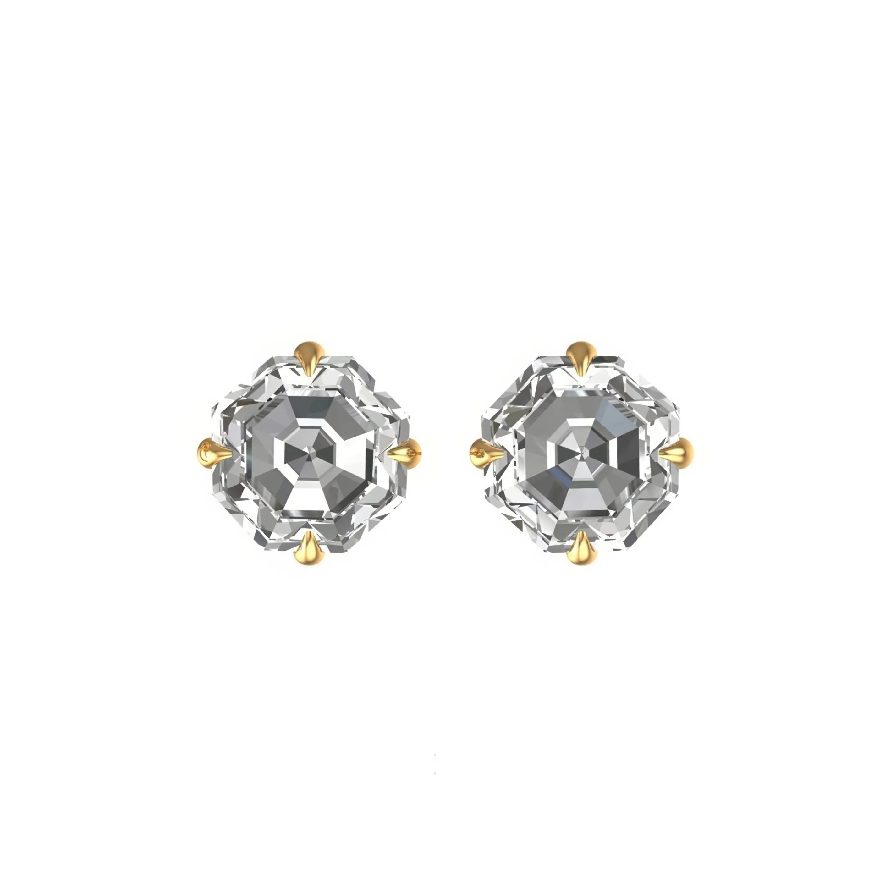 Front view pair of Asscher cut moissanite stud earrings
