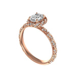 Oval moissanite halo engagement ring with twisted pave diamond band