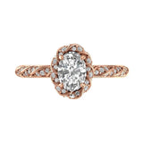 Oval cut lab diamond twisted pave halo engagement ring in 14k rose gold