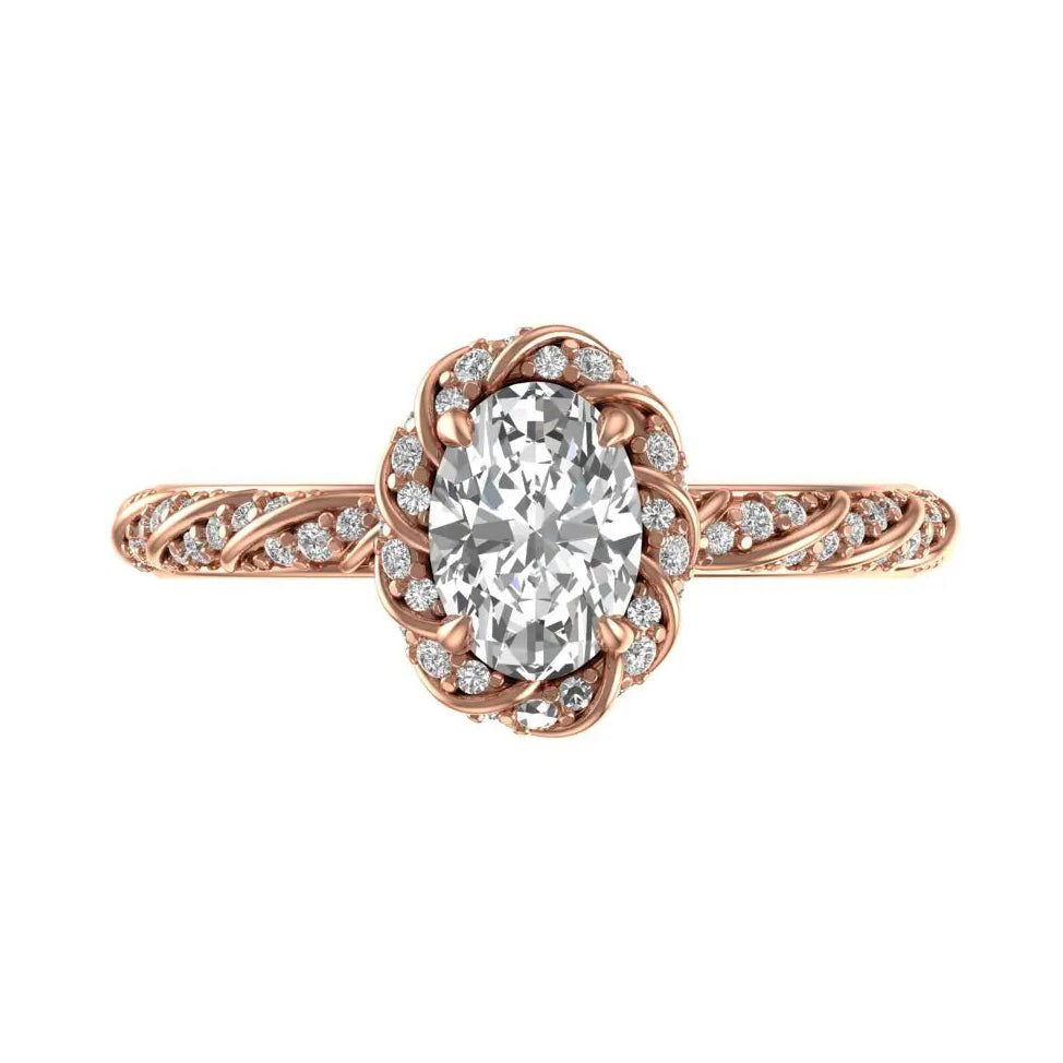 Oval cut lab diamond twisted pave halo engagement ring in 14k rose gold