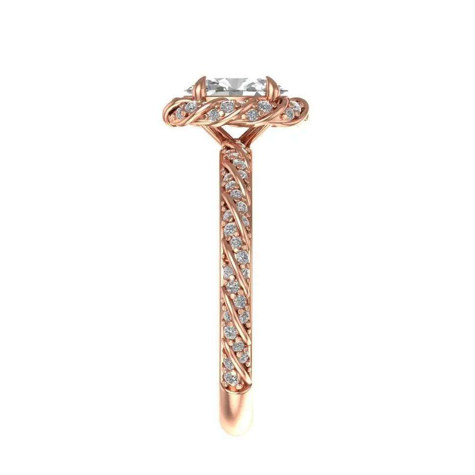 Vintage style oval halo engagement ring with twisted diamond band