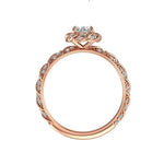 Oval cut diamond halo ring with pave twisted band rose gold