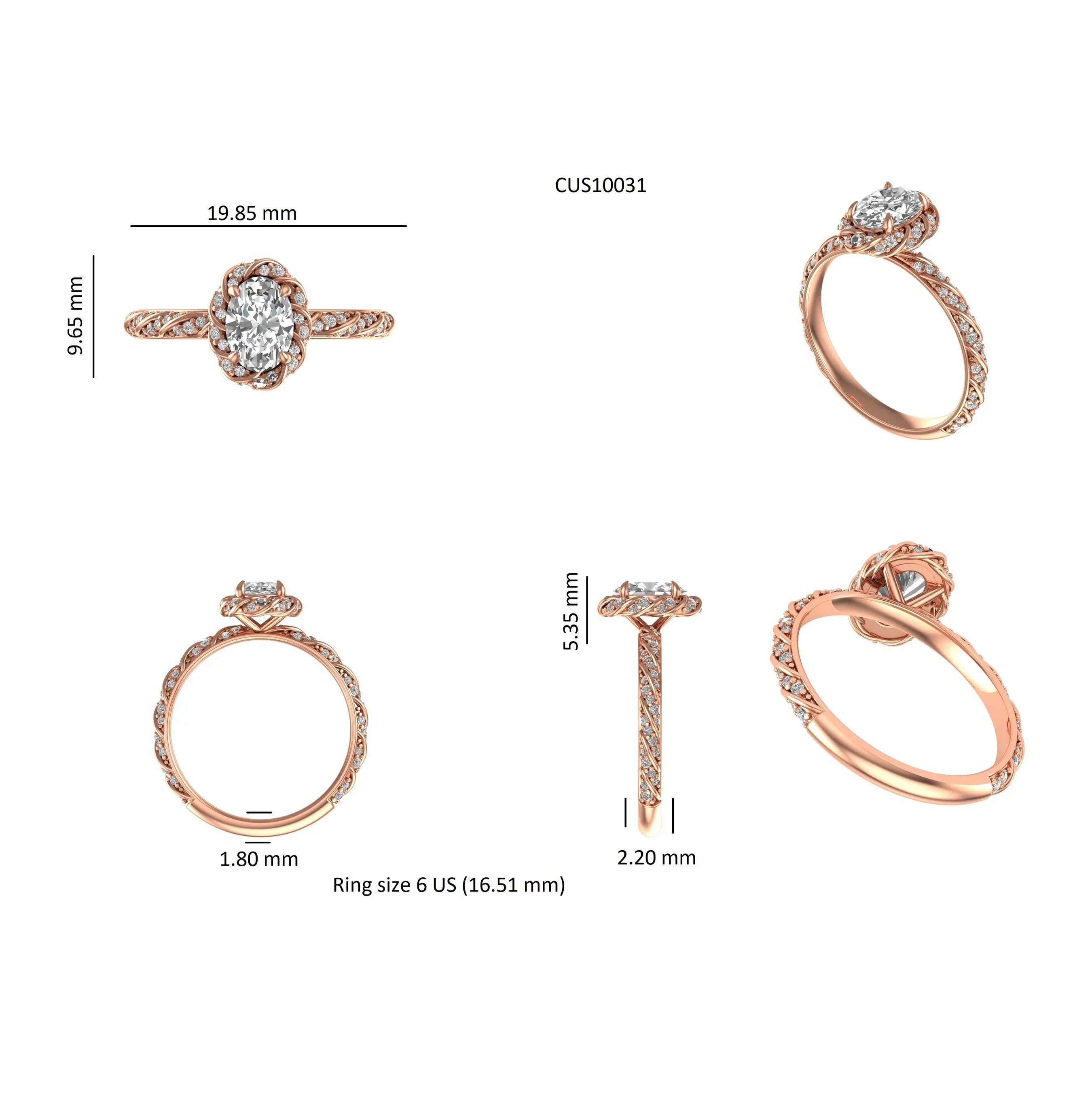 14k rose gold oval engagement ring with twisted diamond halo