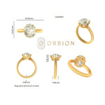 Dimension sheet showing cushion solitaire measurements and ring size details