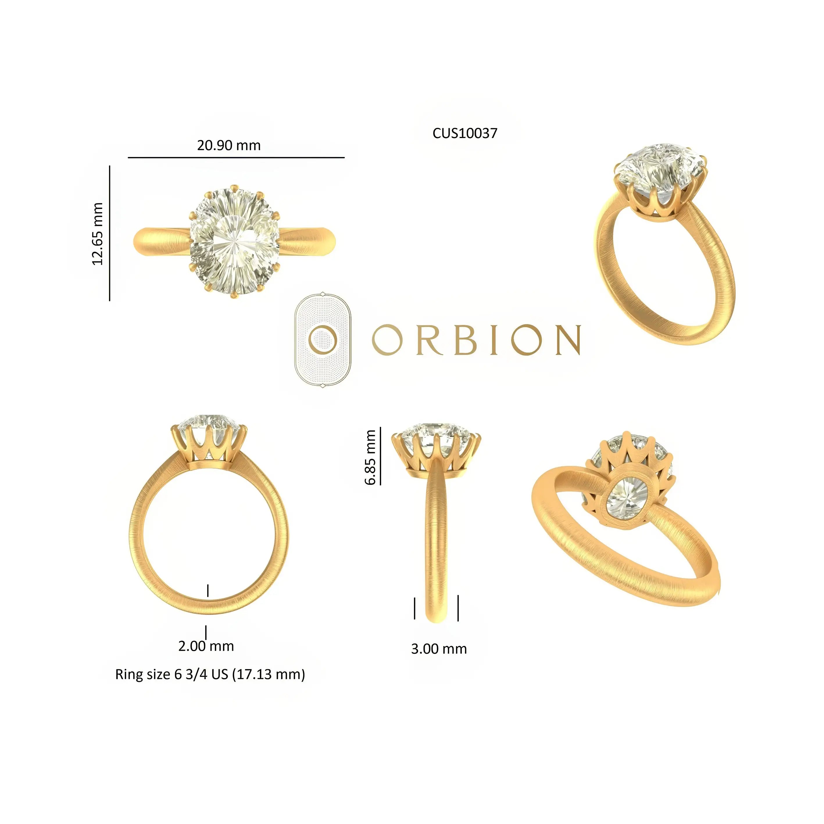 Dimension sheet showing cushion solitaire measurements and ring size details
