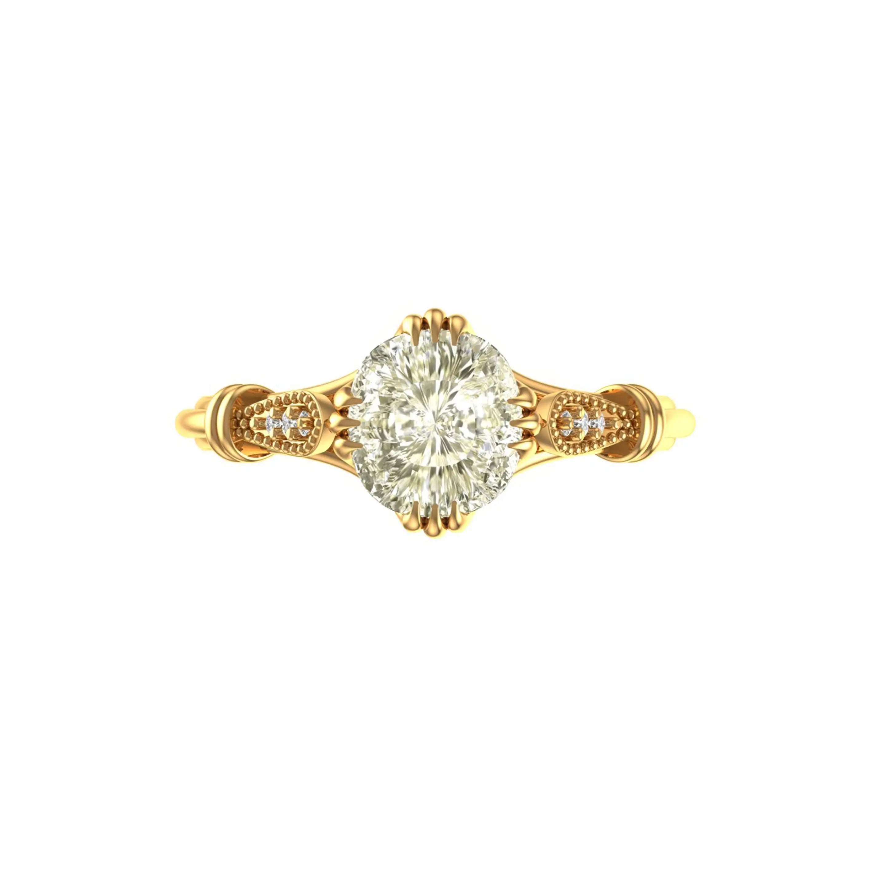 Top view elongated cushion ring with milgrain diamond shoulders