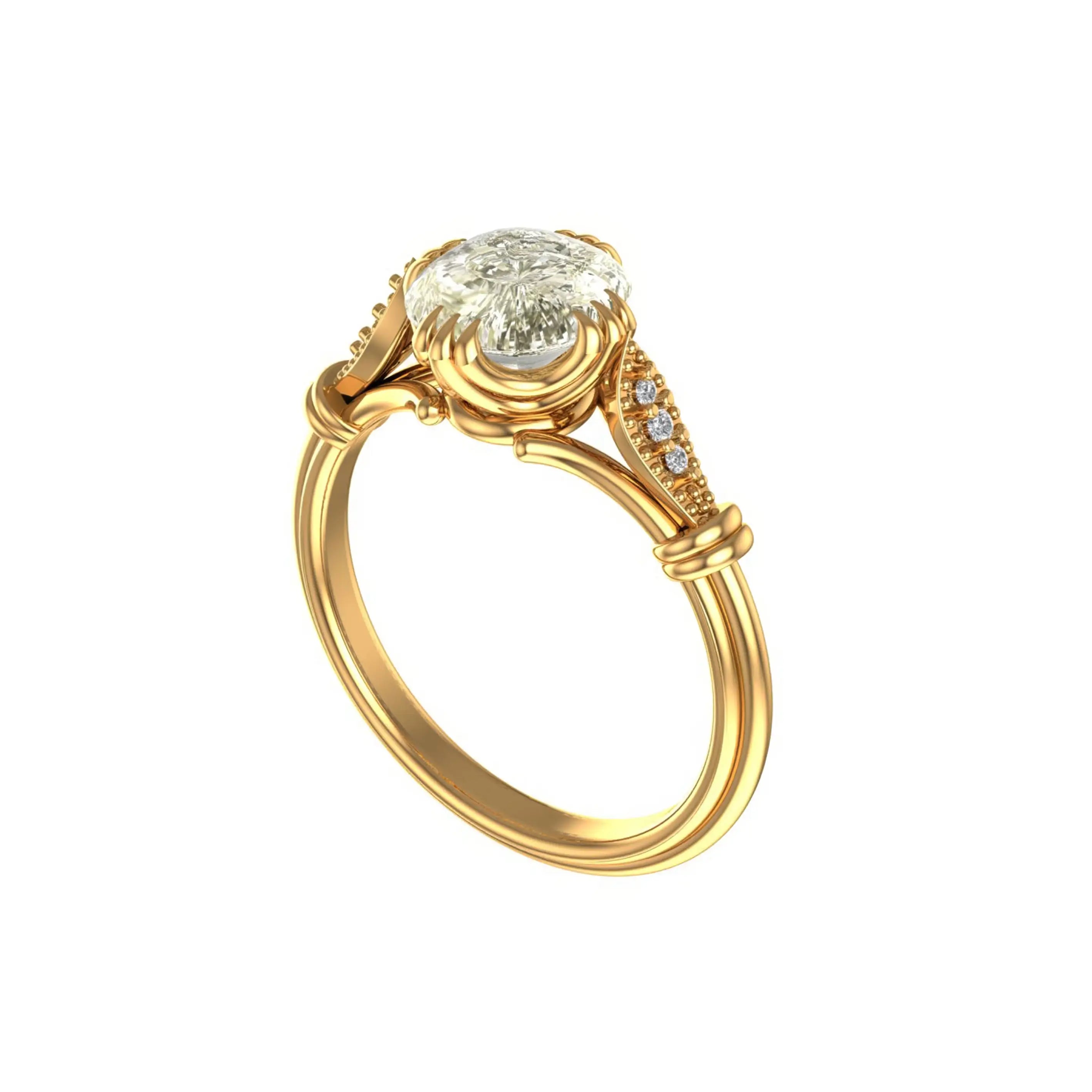 Angled view yellow gold ring with pave shoulder details