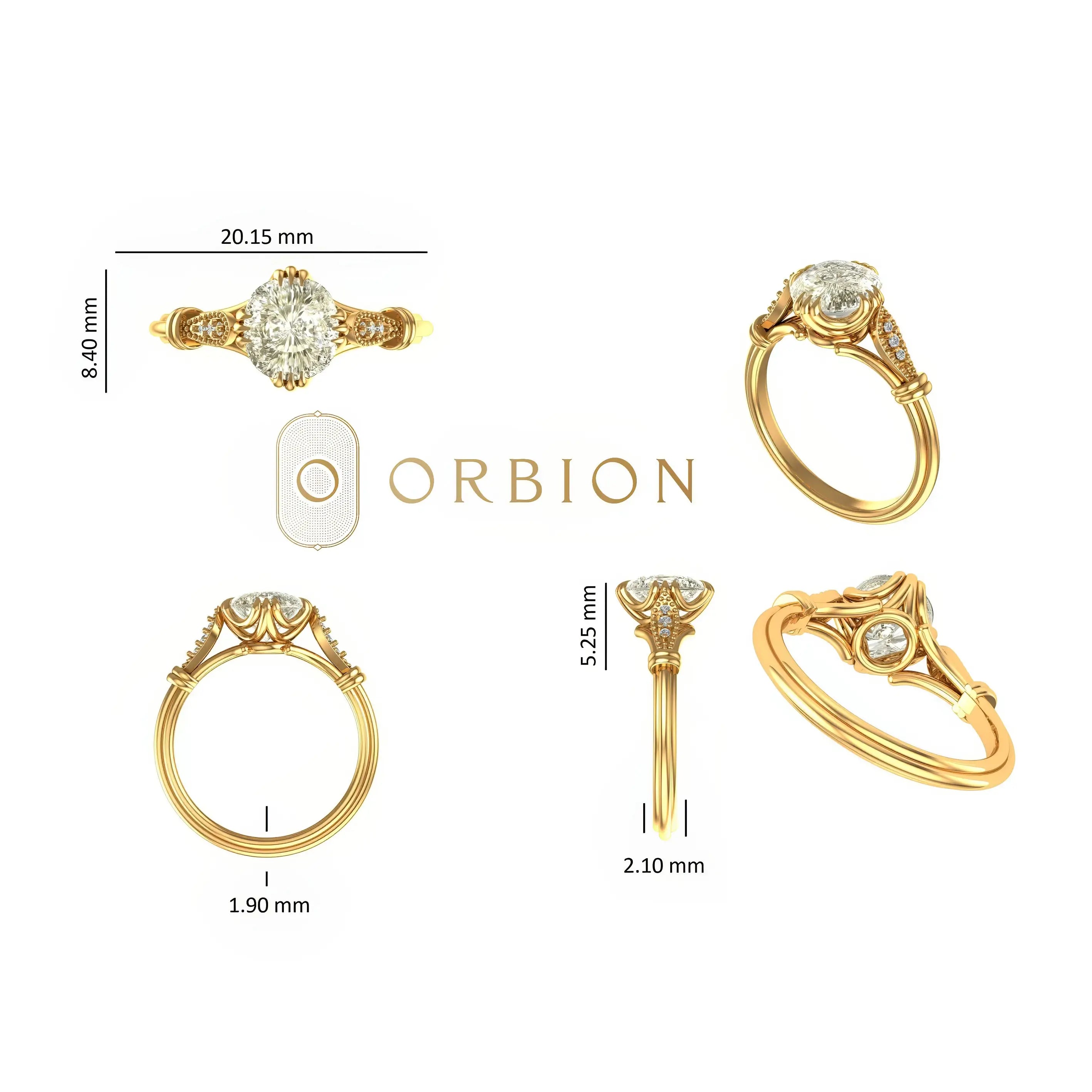 Dimension chart with measurements for elongated cushion engagement ring