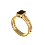 Three quarter angle showing black stone bezel and split band design.