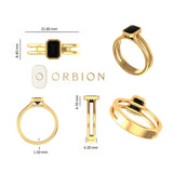 Dimension sheet with measurements for twin band black emerald bezel ring.