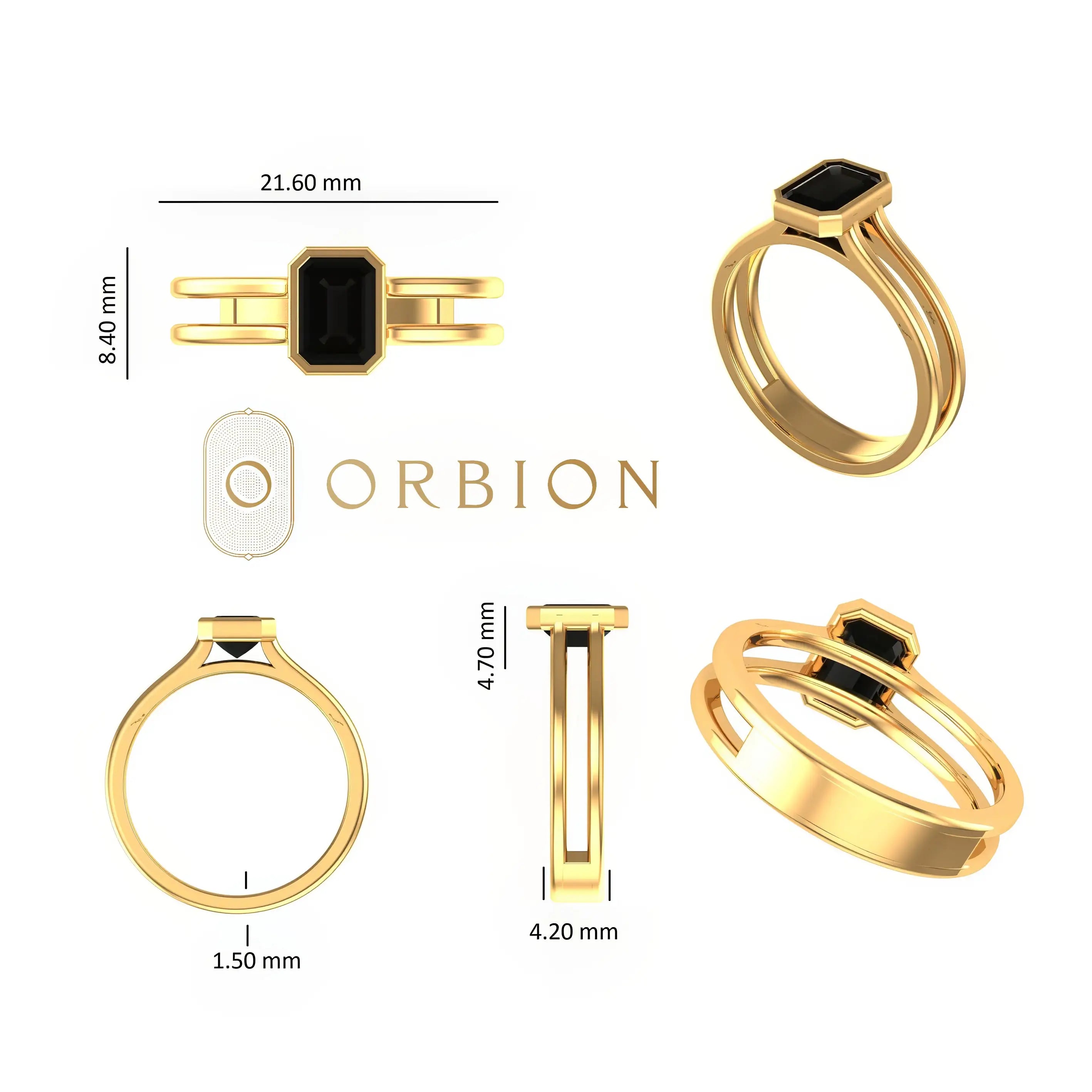 Dimension sheet with measurements for twin band black emerald bezel ring.